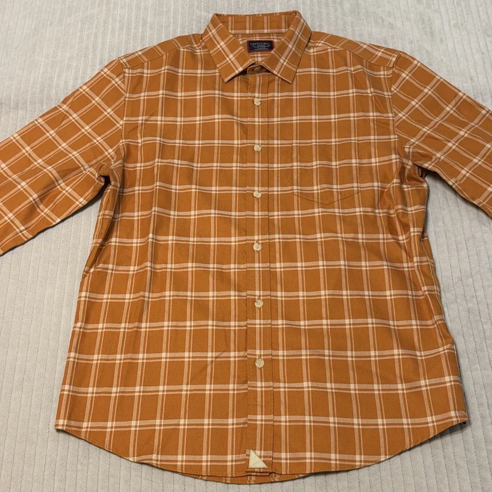 UNTUCKit Mens Large Slim Fit Wrinkle Free Plaid Button Down Shirt Blue Orange